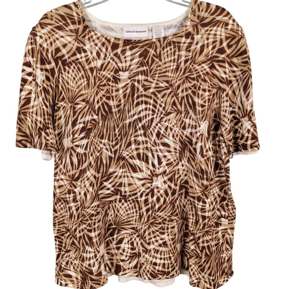 Alfred Dunner Womens SZ L Palm Leaf Knit Top Brown Studded Coastal Grandma